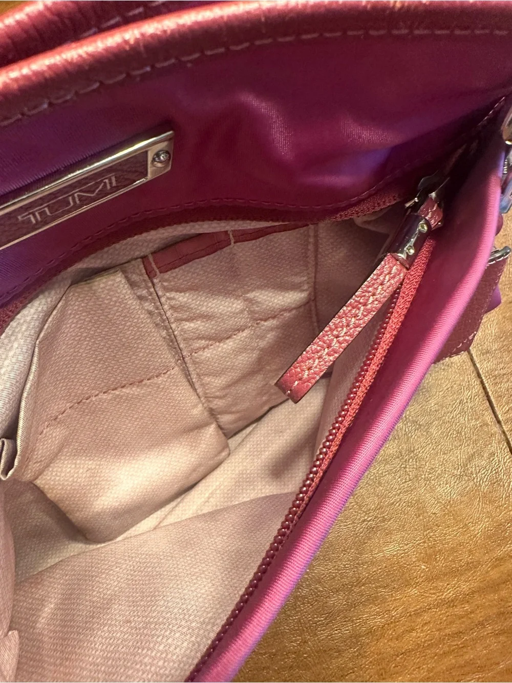 TUMI Voyageur Berry Magenta Nylon Leather Shoulder Tote Bag